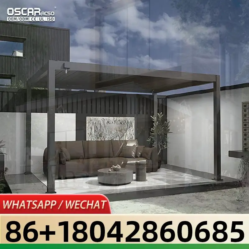 New Design Motorized Louvered Aluminum Pergola With Sliding Glass Roller Blinds Luxury Outdoor Shade Structure for Garden Patio