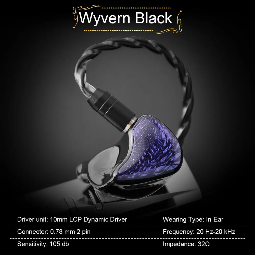 

Наушники Kinera Celest Wyvern Black HiFi с 10-мм LCP динамическим драйвером и съемным 2-контактным 3,5-мм кабелем