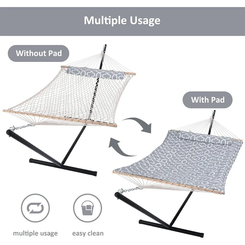 Outdoor Double Hammock with Stand, Two Person Cotton Rope Hammock with Polyester Pad, Circle Pattern