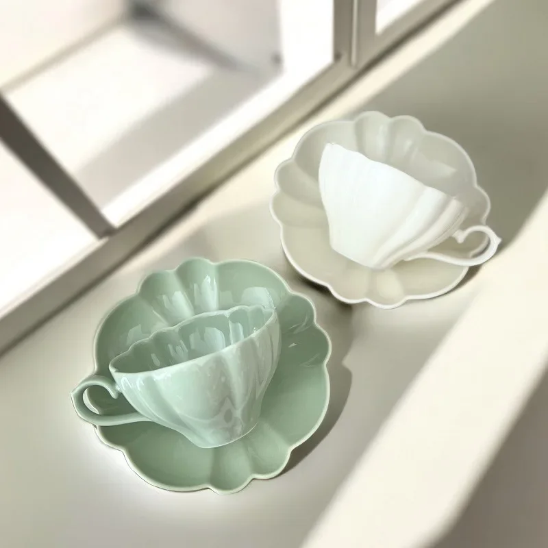 

French Elegant Exquisite Lotus Cup and Plate Set Ceramic Coffee Cup Milk Cup Irregular Pattern Underglaze Color Tableware