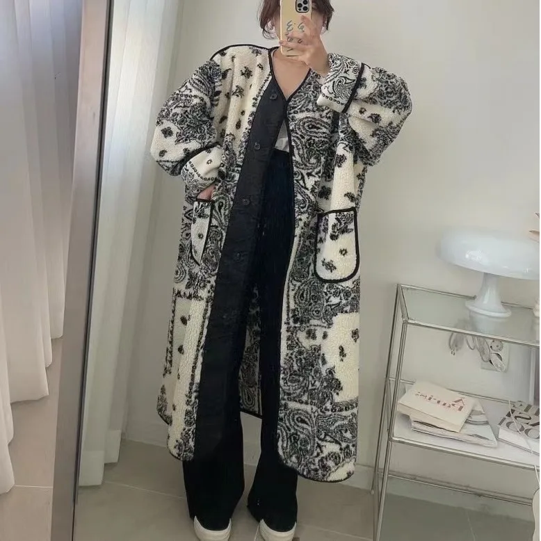 

Корейское шикарное длинное пальто из овечьего меха, женское осенне-зимнее новое винтажное свободное пальто в этническом стиле, верхняя одежда длиной до поездок на работу