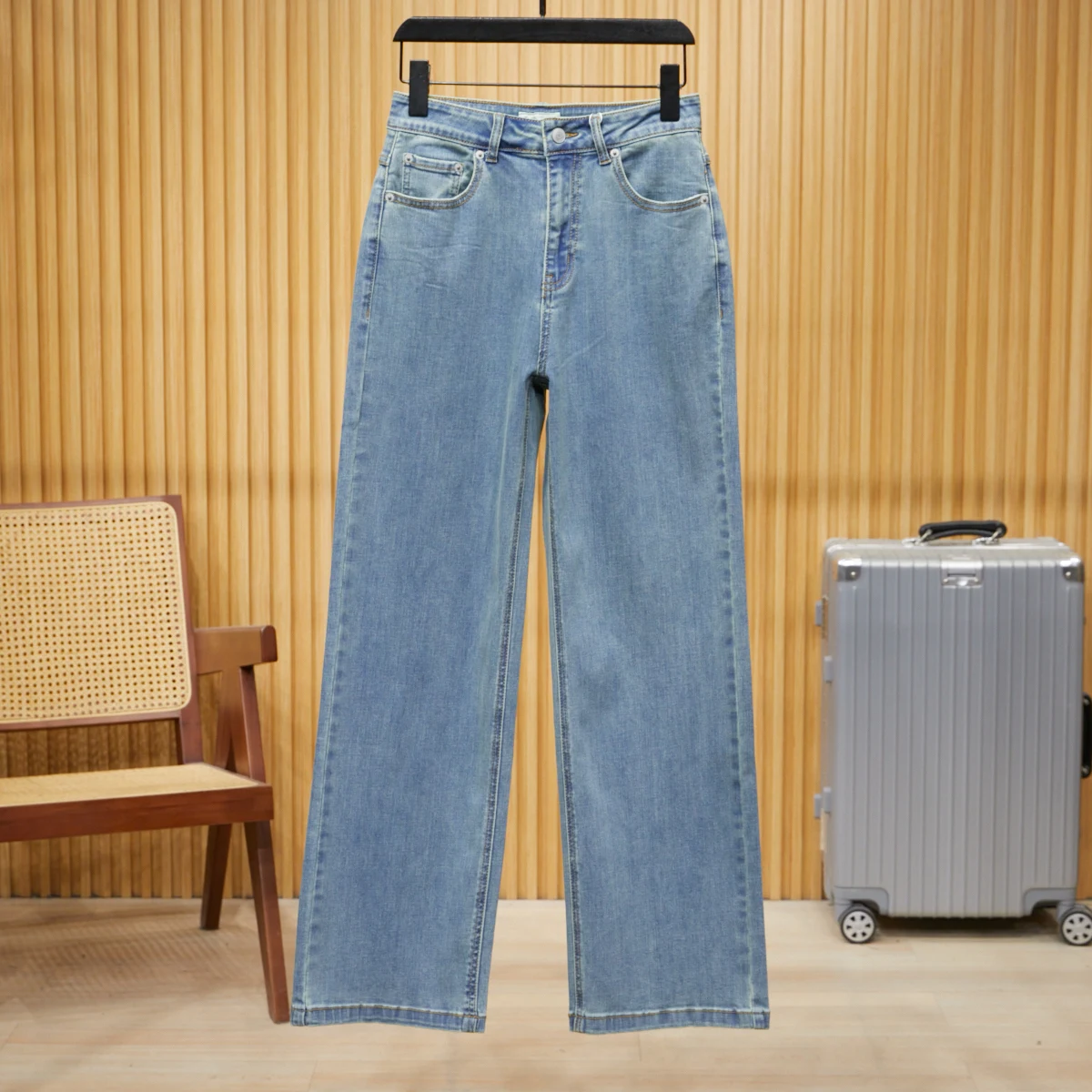

High Waist Slimming Blue Straight Leg Jeans Women's Elastic Cigarette Pants Long Trousers Faionable Spring Autumn Denim