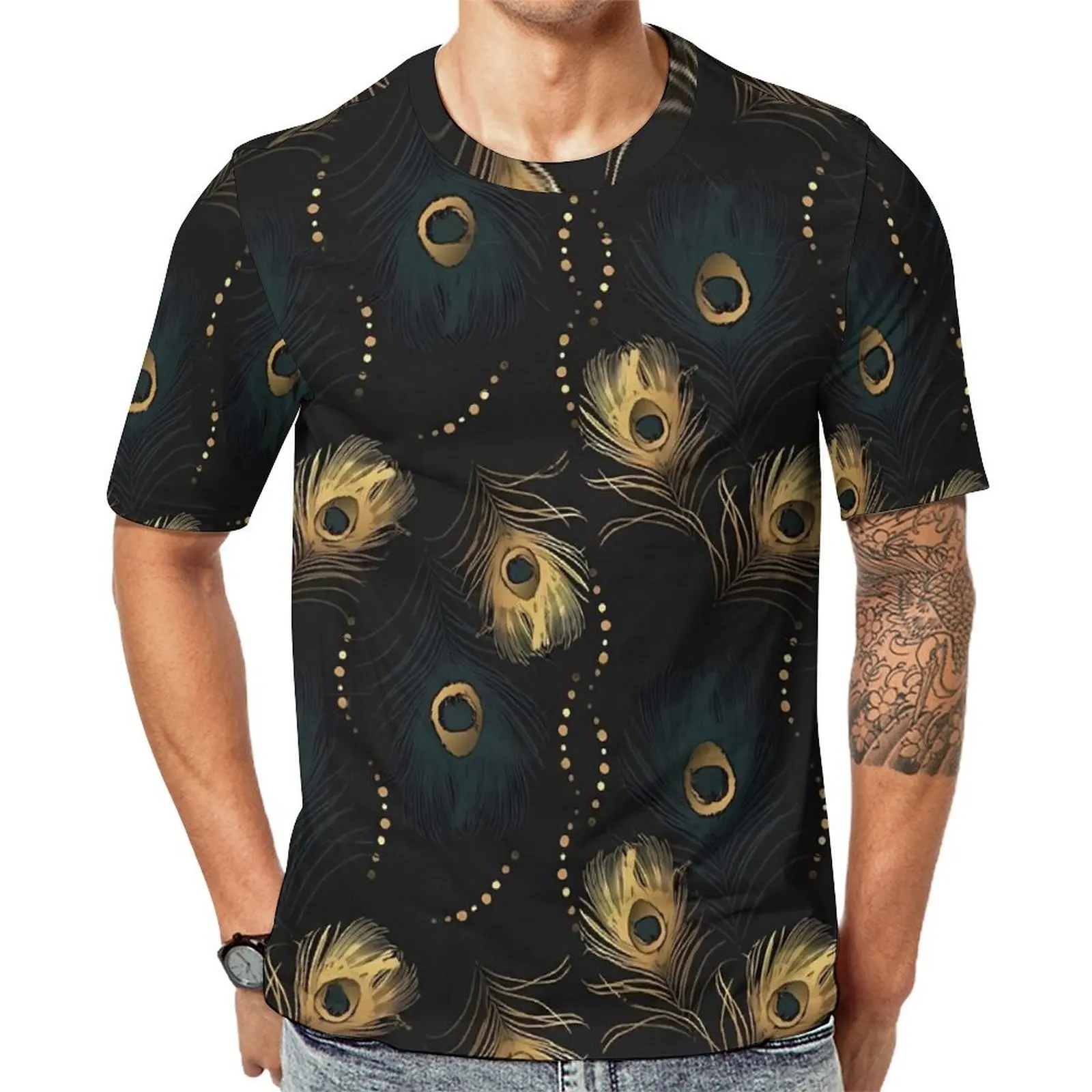 Plus Size T Shirt Summer Golden Peacock Feather T-Shirts Animal Casual O Neck Tee Shirt Man Trending Graphic Tees