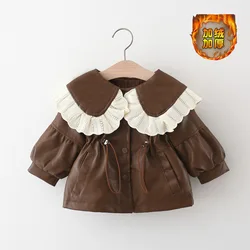 Spring Autumn Newborn Girls Clothes Korean Fashion PU Doll Collar Warm Outerwear Jacket Baby Luxury Clothing Kids Coat BC1442