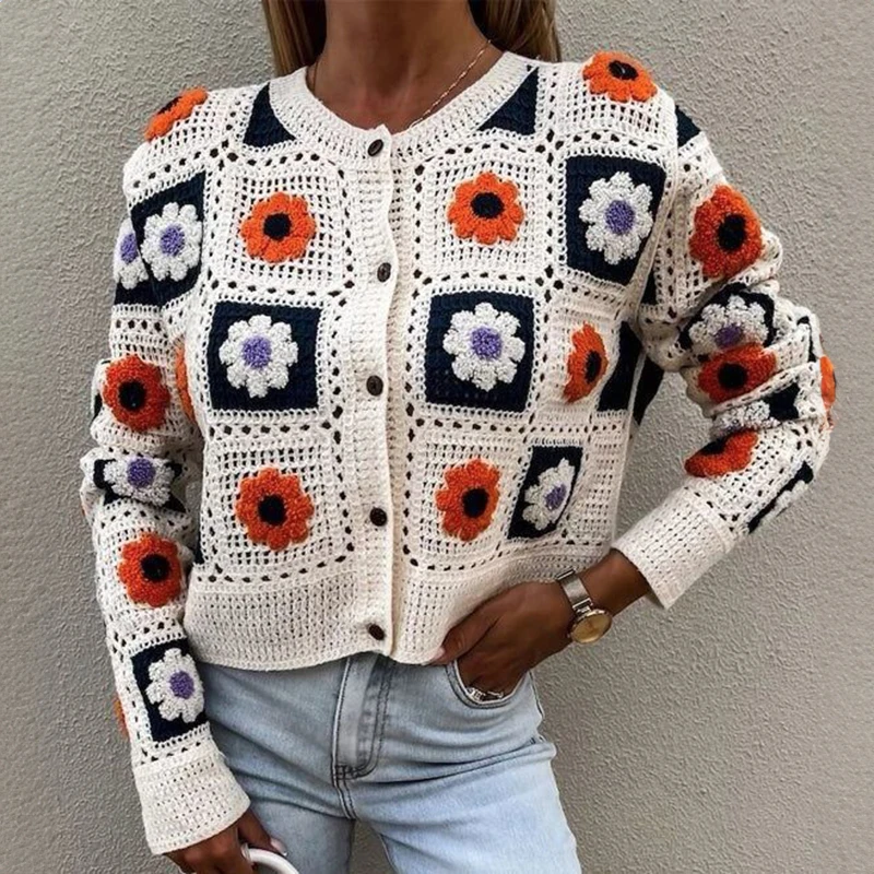 Granny Square Crochet Knit Top Floral Embroidery Long Sleeve Button-up Crop Cardigan Sweater for Women Teen-girl Boho Outfit