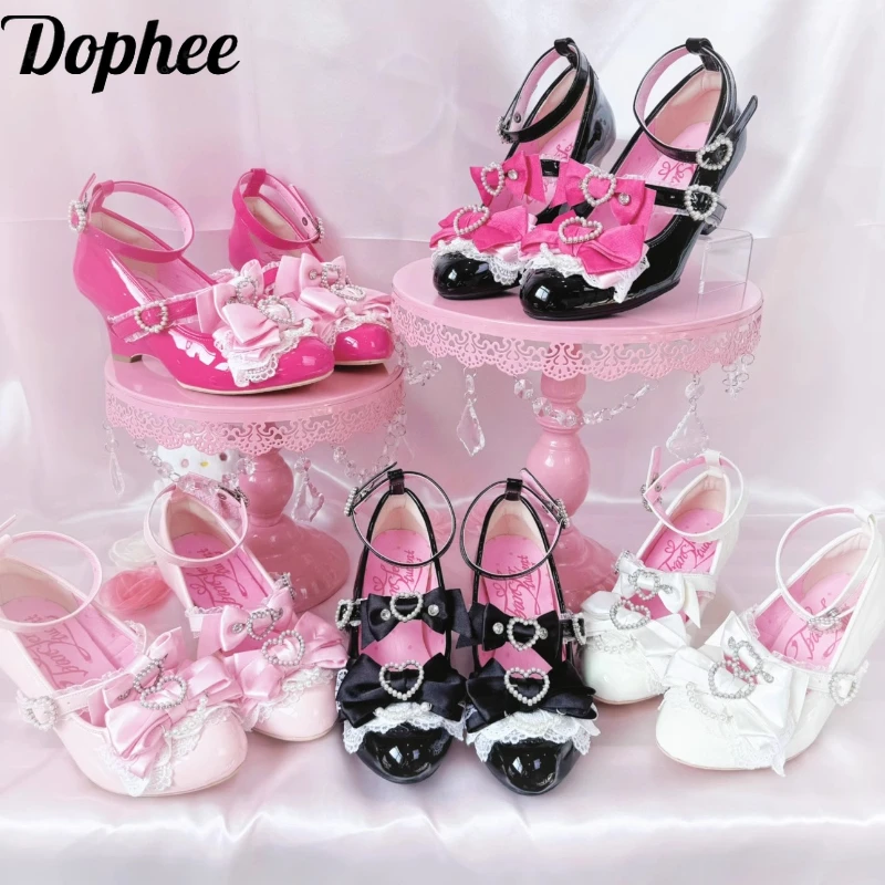 

Dophee Original Japan Style Wedge-soled Shoes Beads Love Lace Bow Hollow Out Ankle Strap Women Pumps Pointed Toe Lolita Shoes