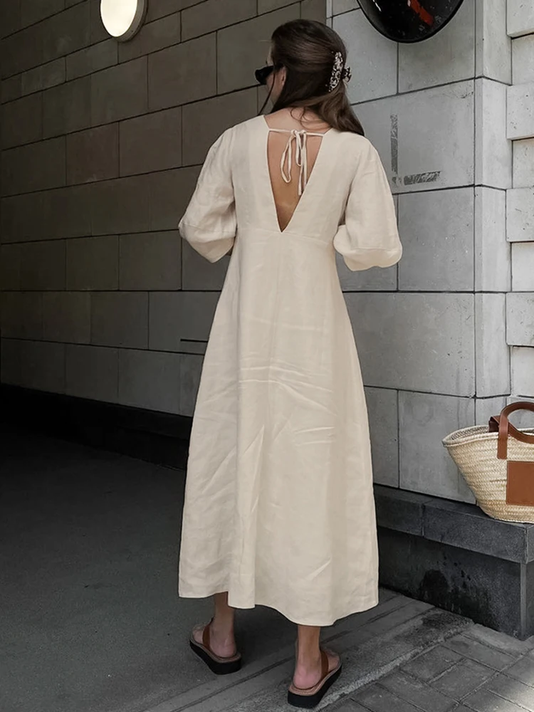 2023 Summer Autumn Solid Khaki Holiday Shirt Dress V-neck Short Sleeve Midi Dress For Women