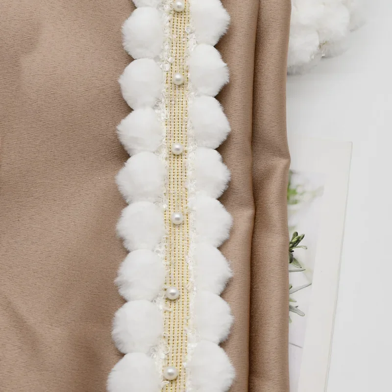 New Embroidered White Patchwork Furry Ball Curtain for Children's Room Bedroom Lace Side Zero Cut One Meter