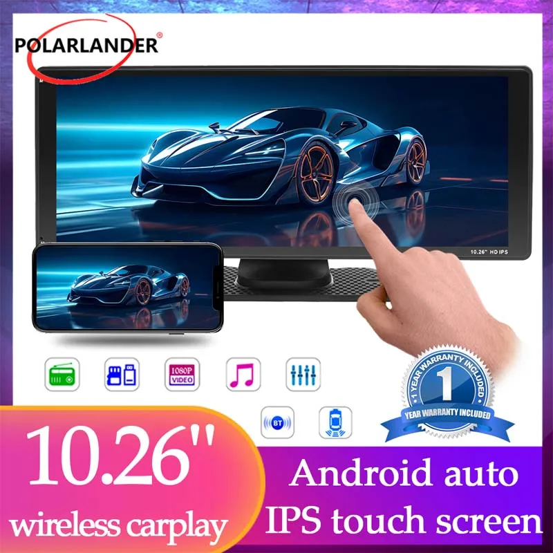

Wireless CarPlay Android Auto Car Stereo - 10.26" Portable Touchscreen FM Transmitter 7-32V Suction Cup Mount Universal Fit