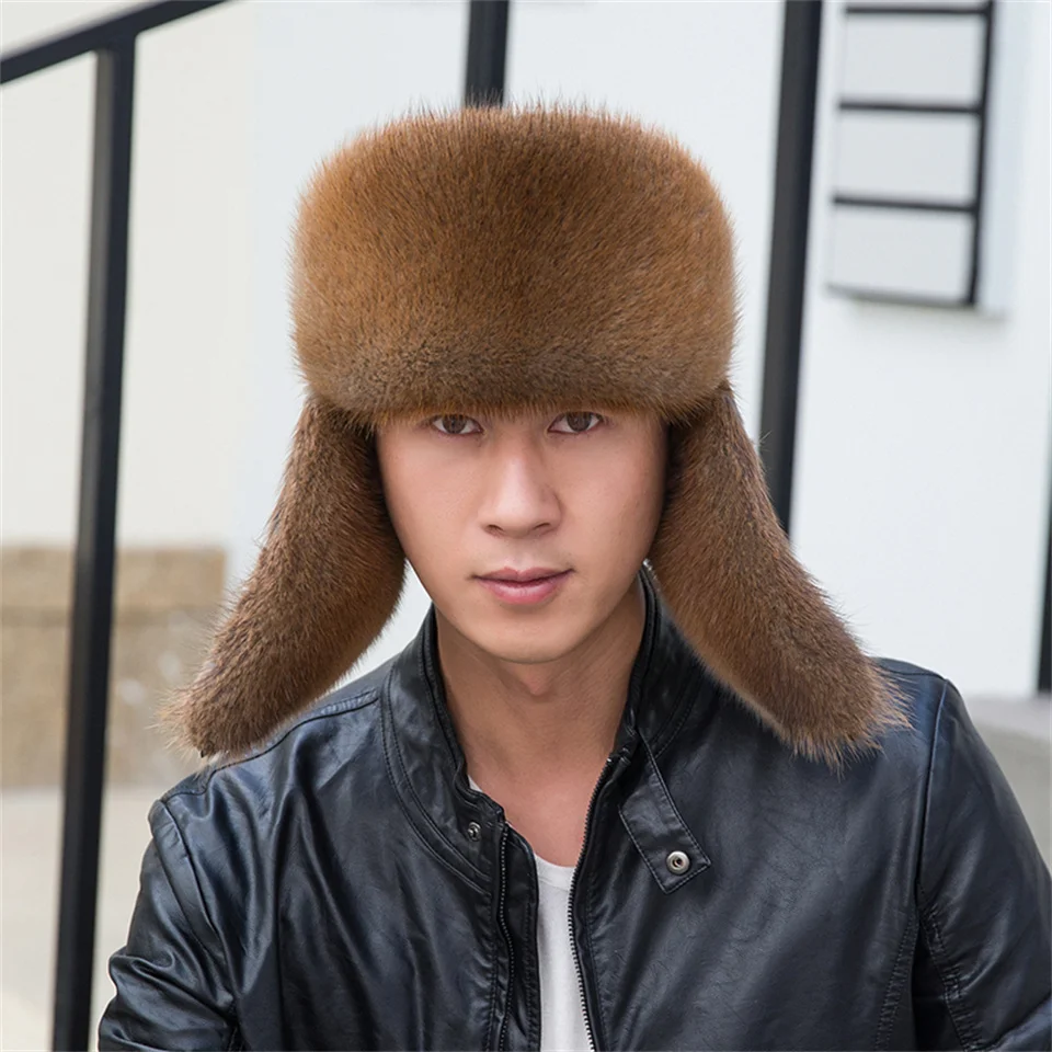 

Hot Sale Men Quality 100% Natural Mink Fur Hat Winter Man Super Warm Real Mink Fur Cap Male Real Sheepskin Leather Bomber Hats