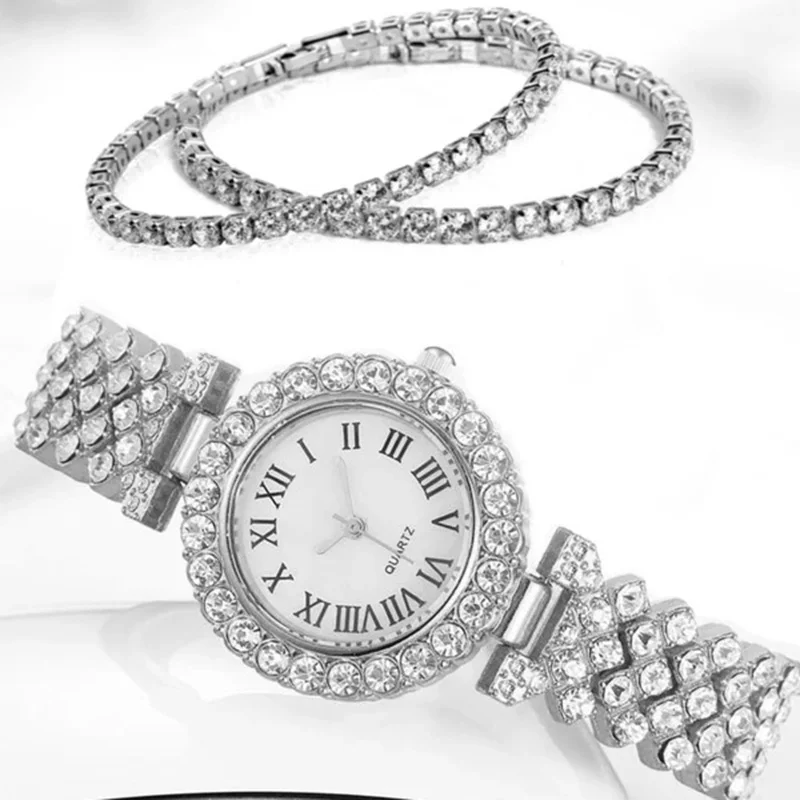 3pcs/set Watches Jewelry Set Round Pointer Quartz Watch & 2pcs Bracelet Fancy Women Watches Jewelry Sophisticated And Stylish