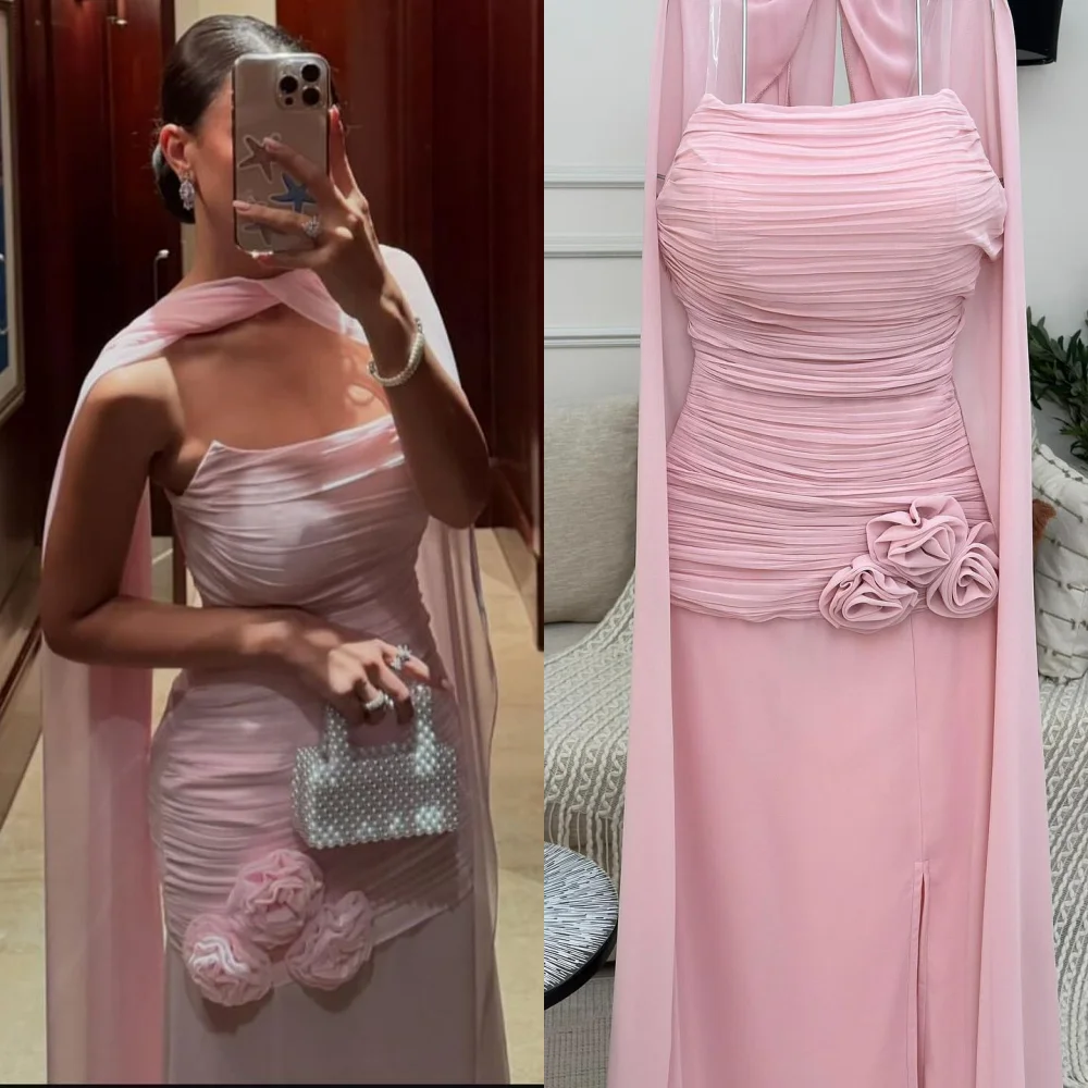 Customized Simple Chiffon Handmade Flower Pleat A-line Strapless Midi Dresses Quinceanera  Formal Modern Style