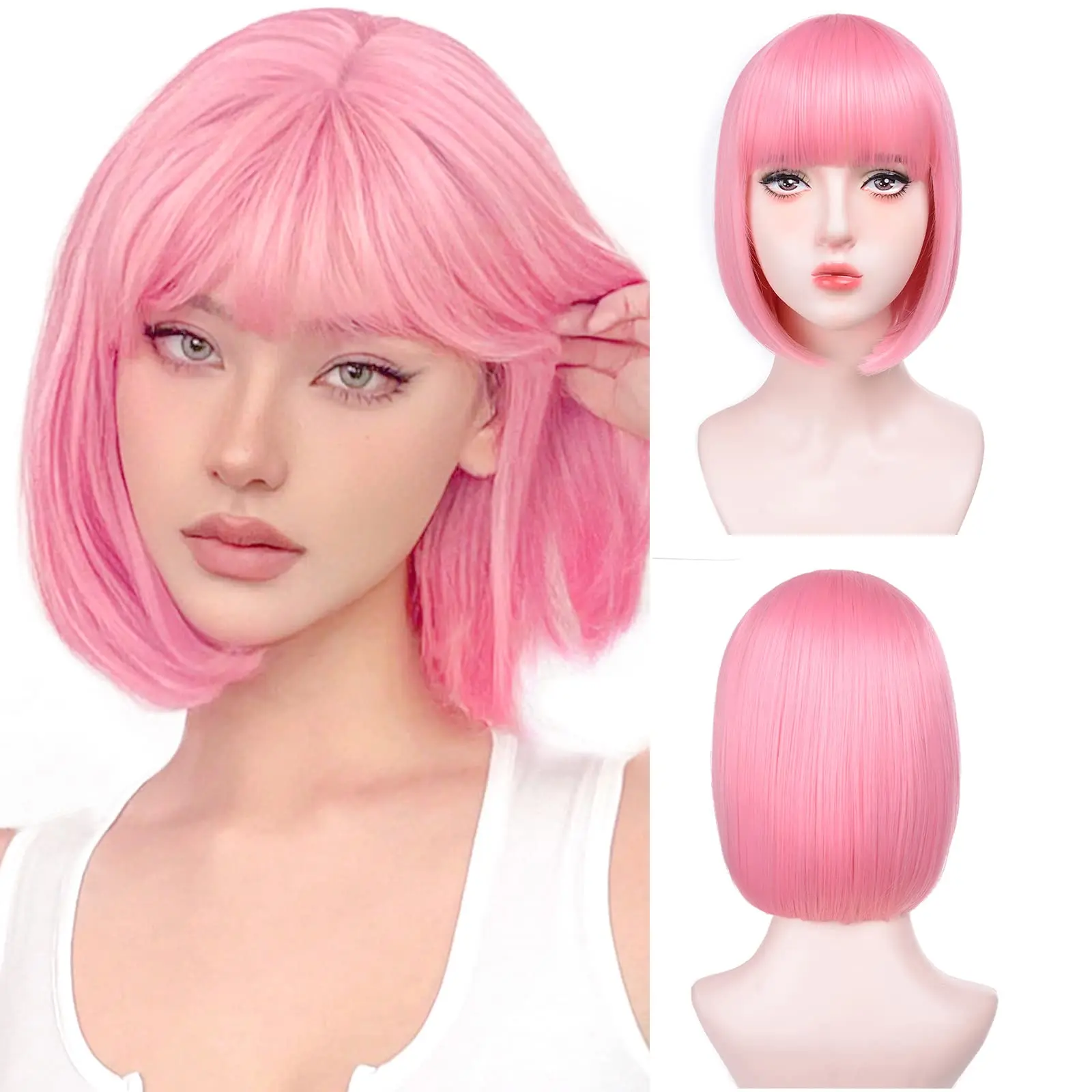 Pink Bob Synthetic Wig Short Straight Hair with Bangs Multi-Colored Halloween Cosplay Daily Wear High Temperature Silk Wig