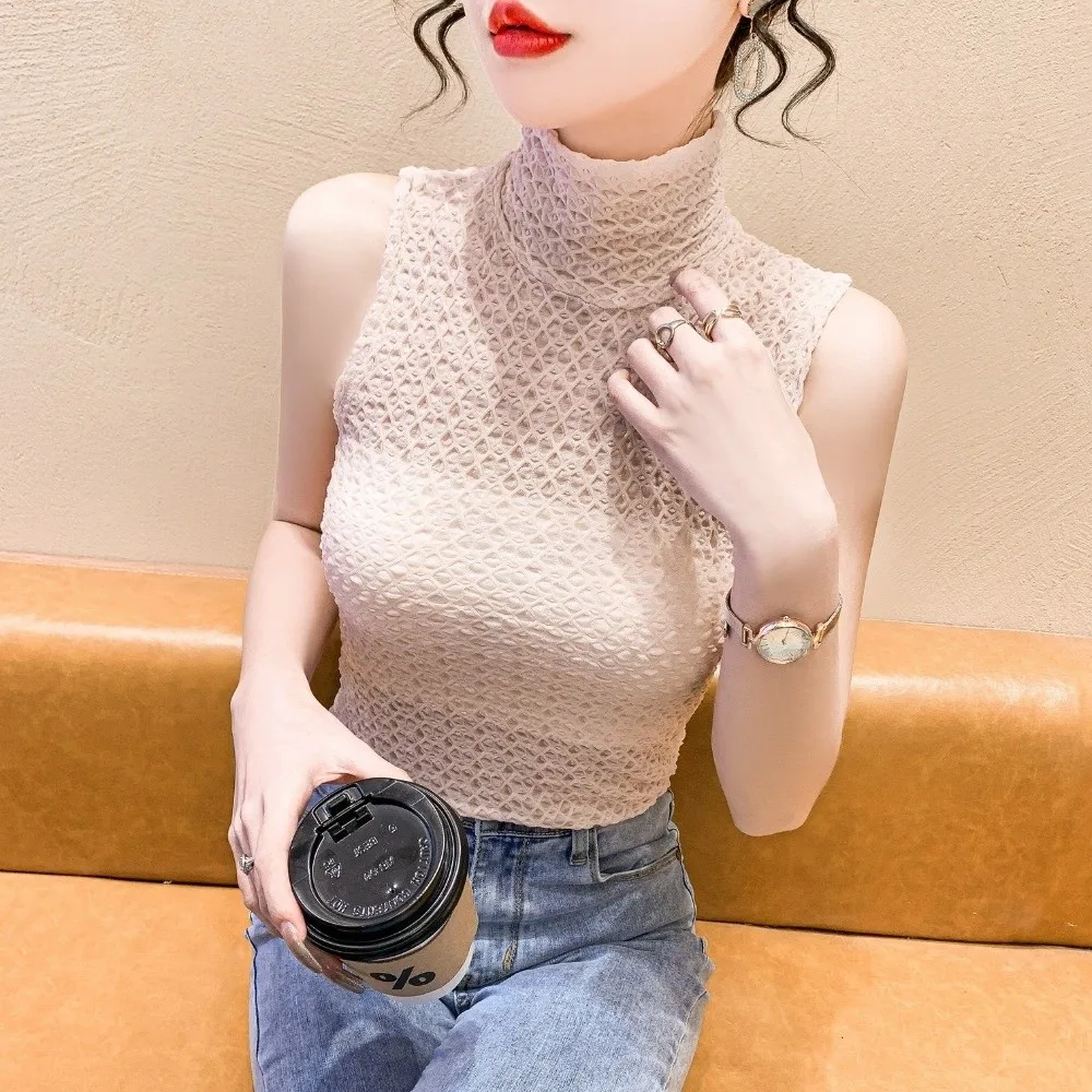 Slim Fit Turtleneck Collar Tank Top Crinkle Texture Hollow Out Lace Camisole Sleeveless Slim Fit Sleeveless Vest Daily Wear