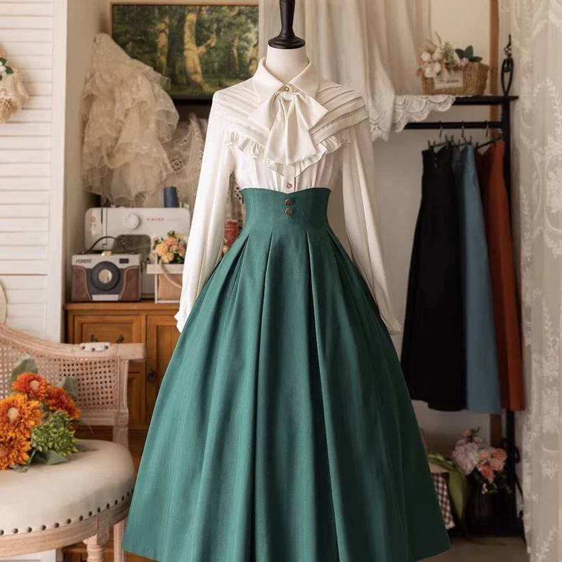 Japanese Vintage Midi Skirt Women Lolita Cutecore Black High Waist Skirts Ladies Elegant Buttons Design Casual A Line Faldas New