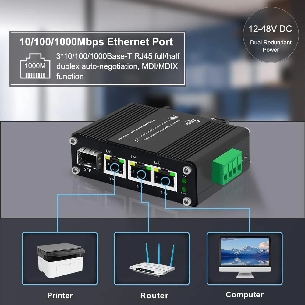 Промышленный 3/4-портовый коммутатор Gigabit Ethernet (PoE) с SFP Din-Rail, оптоволоконный коммутатор 10/100/1000 Мбит/с, вход 12–48 В постоянного тока