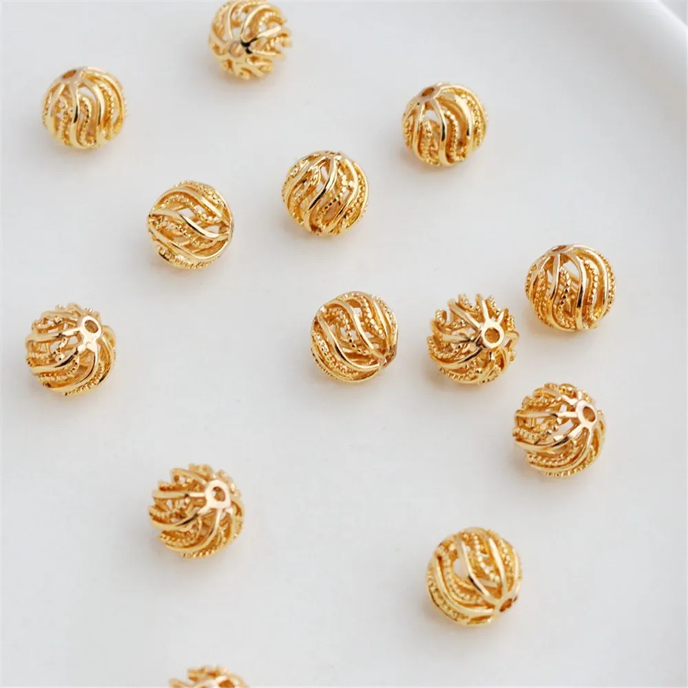 14K Gold-Color Inverted Mold Lace Hollow Beads Melon Pattern Beads Round Balls Loose Beads DIY Handmade Jewelry Accessories 10m