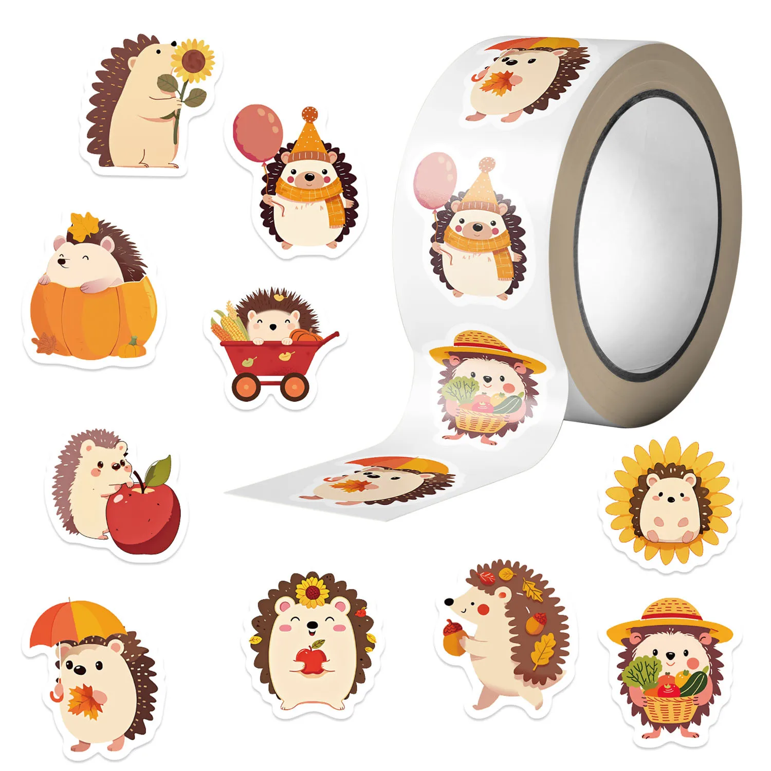 500Pcs Cute Kawaii Autumn Hedgehog Roll Stickers Cartoon Fall PVC Decals For Gift Seal Scrapbook Stationery DIY Craft