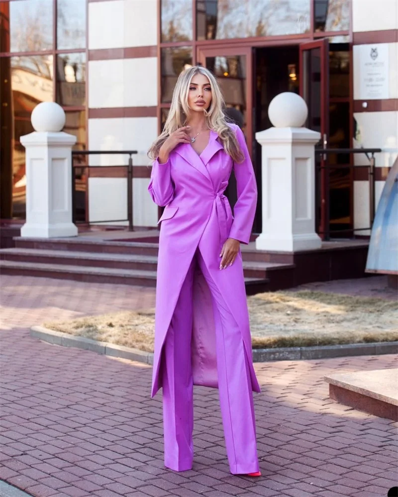 Conjunto de trajes de pantalón y Blazer largo para mujer, esmoquin de boda con cinturón, vestido de graduación Formal de alta calidad, traje de fiesta púrpura