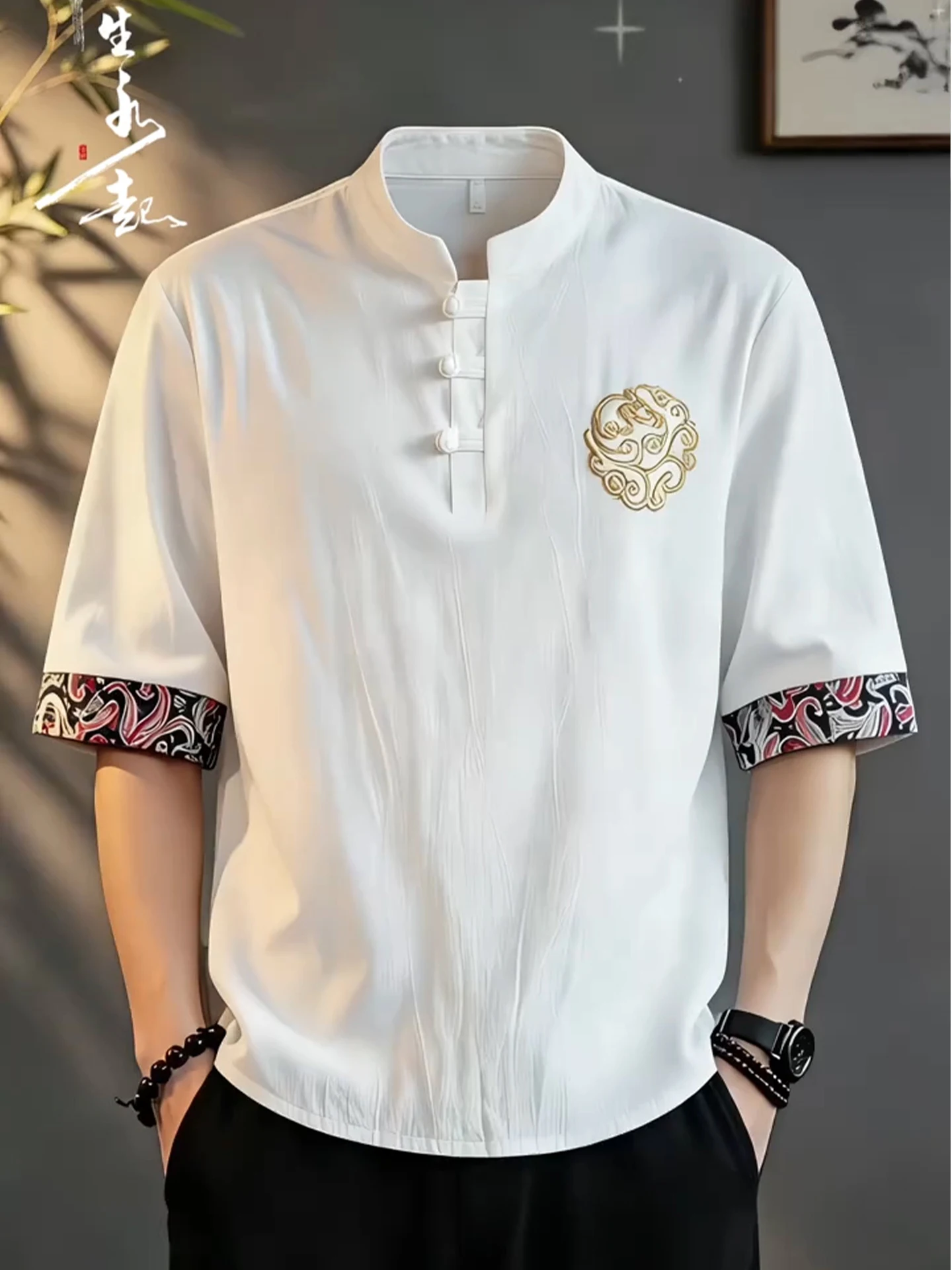 Men's Cotton Linen Short Sleeve T-Shirt Embroidered Button Stand Collar Summer Breathable Soft Comfortable Anti-Wrinkle Shirt