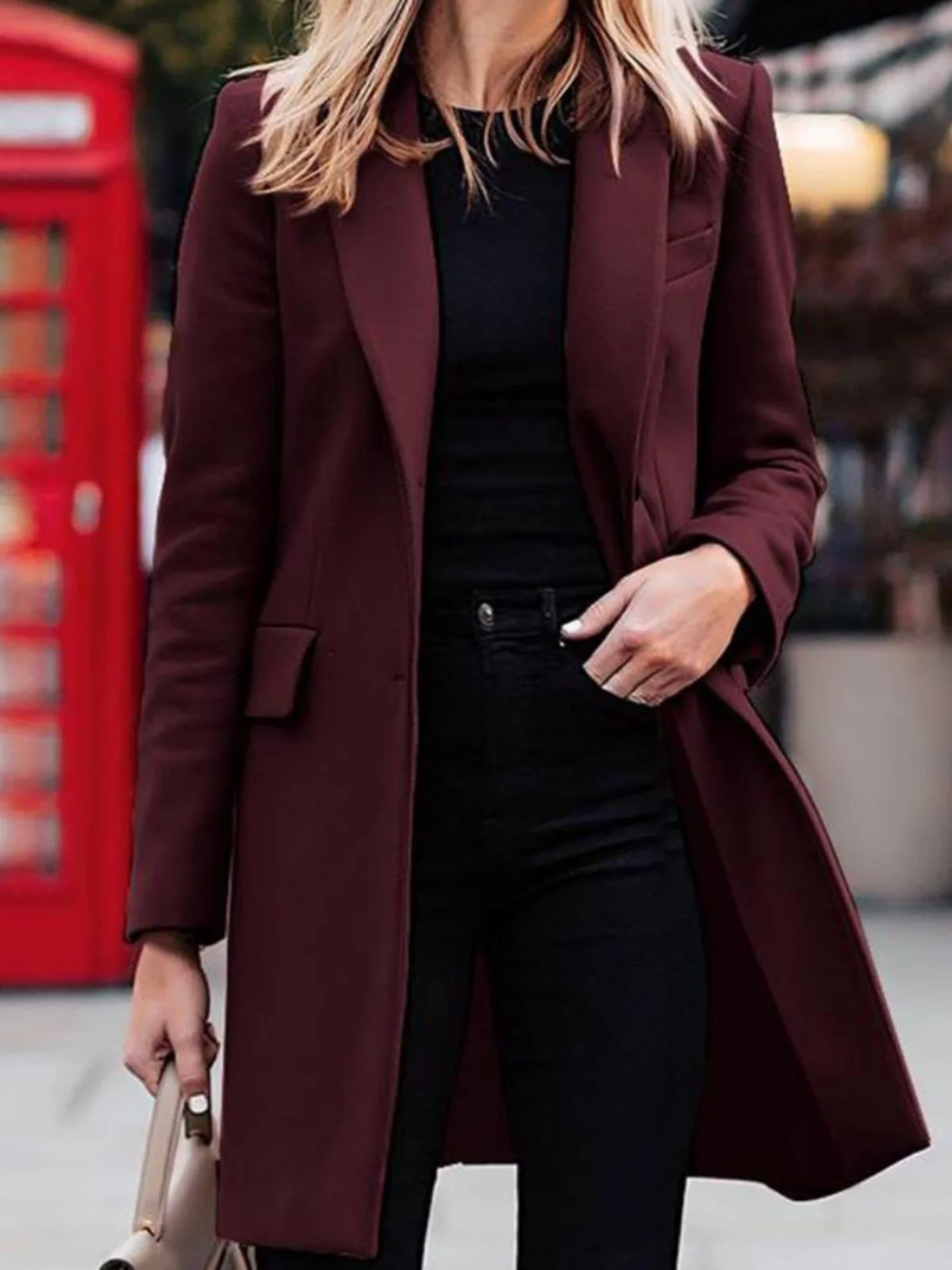 

Street Sle Pure Color Mid-Length Button-Up Suit Jaet Long Sve Loose Fit Women's Faion Autumn Outerwear