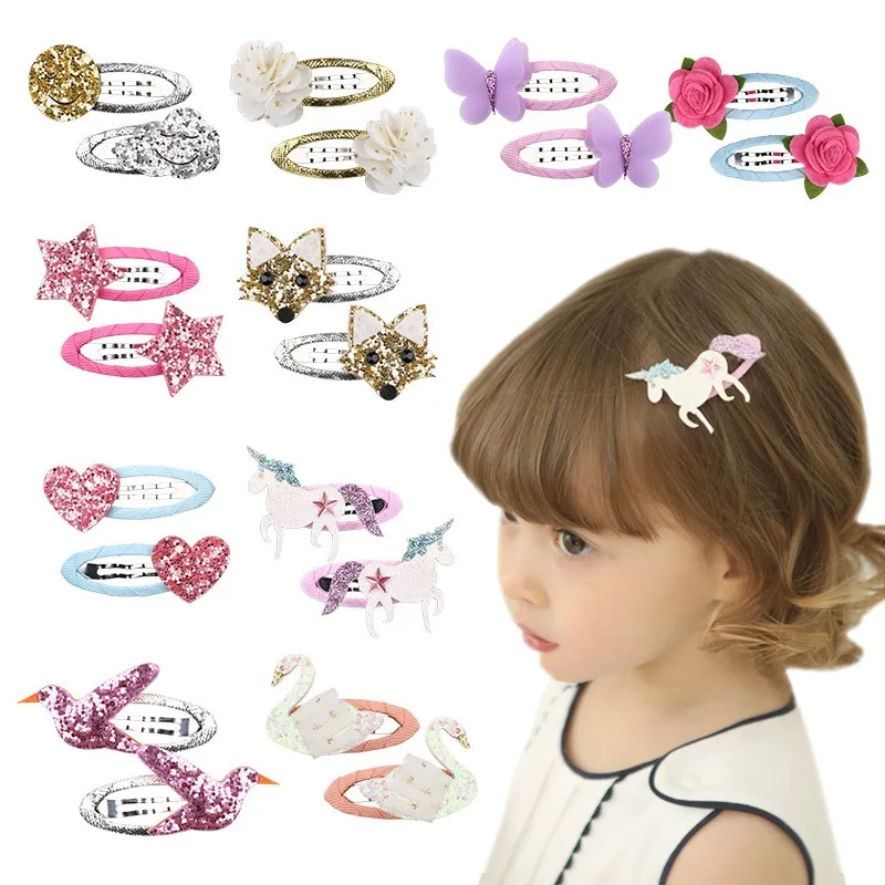 50pc/lot Baby Floral Hair Clips Glitter Star Heart Hairpins Barrettes Girls Cartoon FOX Swan Hairpin Kid Hair Clips Headwear