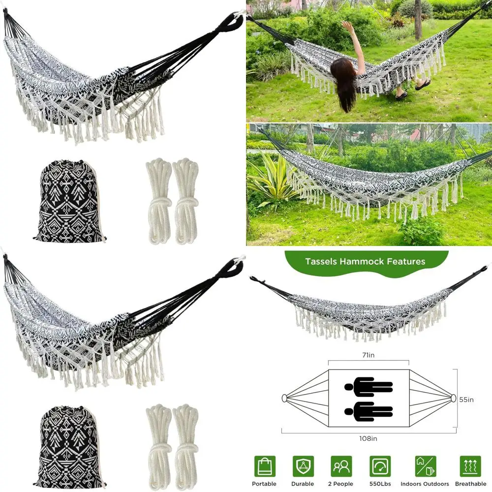 

Cotton Bohemian Striped Hammock with Fringe - Durable Ropes, Ideal for Outdoor and Indoor Use, Space-Saving Design for Garden, P