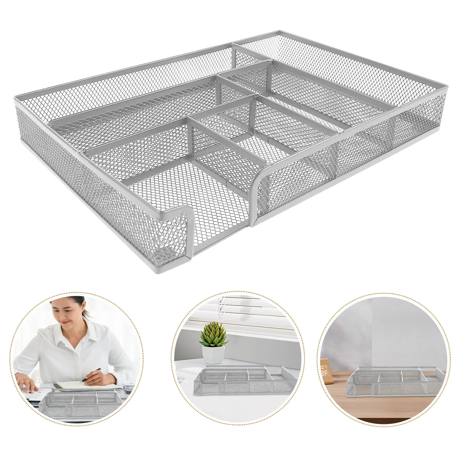 Metal Mesh Desktop Organizer Six Compartments Storage Tray Pen Makeup Office Supplies Silver Craft Storage Containers