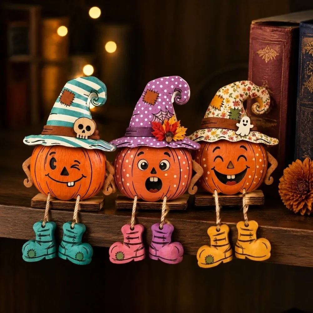 3PCS/SET 2D Flat Pumpkin-Shaped Wooden Ornaments Cartoon Hand Painted Fall Pumpkin Table Ornament Stable Base With Legs