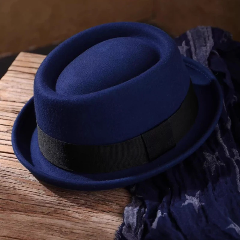 Fedora Hats for Men Women Classic Short Brim Felt Manhatta Fedora Hat Blue/Coffee