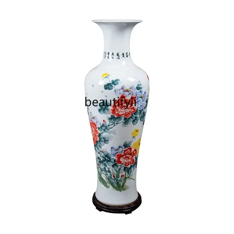 Jingdezhen Ceramics Hand-Painted Flower Blooming Rich Floor Vase Living Room TV Cabinet Hotel New House Decoration Ornaments