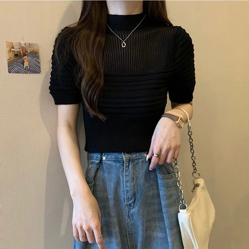 

Women Stand Collar Crop Top Lantern Short Sleeve Shirt Jacquard Solid Knit Folds T-Shirts Casual Fitted T Shirts Streetwear Tee