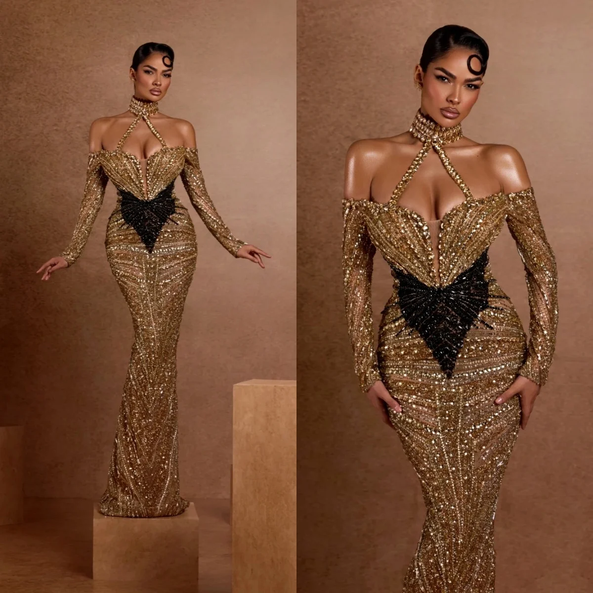 

Vintage Evening Dresses Halter Crystal Prom Gown Sequin Beading Mermaid Long Sleeves Princess Customized Vestidos De Noche