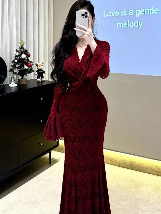 Vintage Elegant Red Lace Long Sleeve Evening Dress Women Spring V-neck Knot Bodycon Mermaid Luxury Party Prom Vestidos Gown Robe