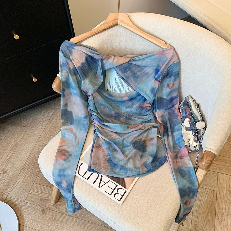 French style off-shoulder long-sleeved American hottie fashion 2024 new sexy drawstring tie-dye gradient retro tops for women