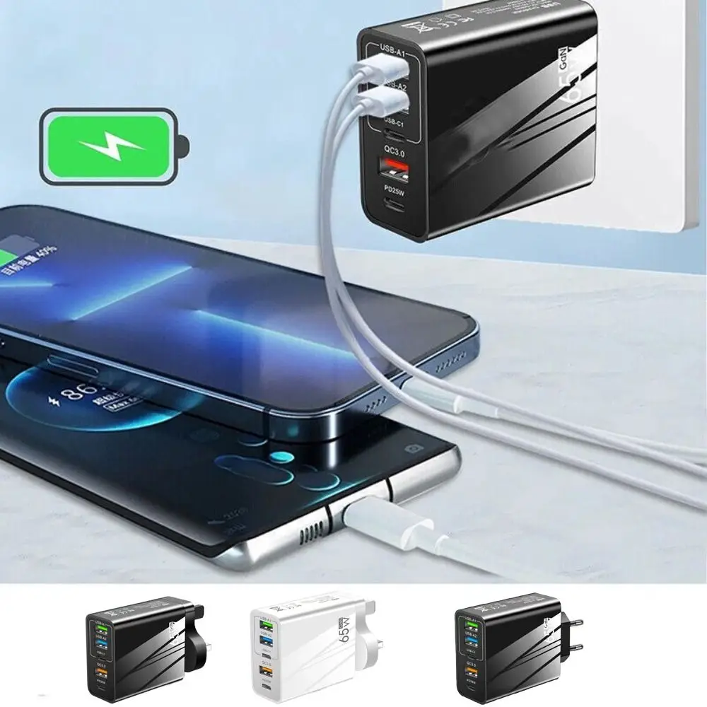 For New Durable 65W PD Type C Charger Dock 5-Ports Multi Interface Phone Charger Fast Charging EU/UK Plug USB Charger Station