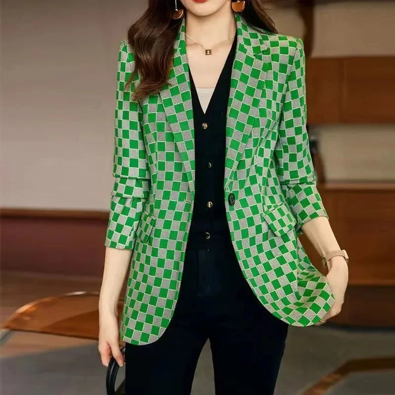 

2024 New Spring Autumn be all-match Vintage Suit Jacket Women Loose Notched Plaid Coat Fashion Single Buckle Blazer Female 4XL