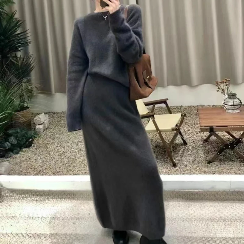 

French High-End Elegant Round Neck Knitted Set for Women, New Autumn Winter Lazy Style Versatile Sweater and Long Skir