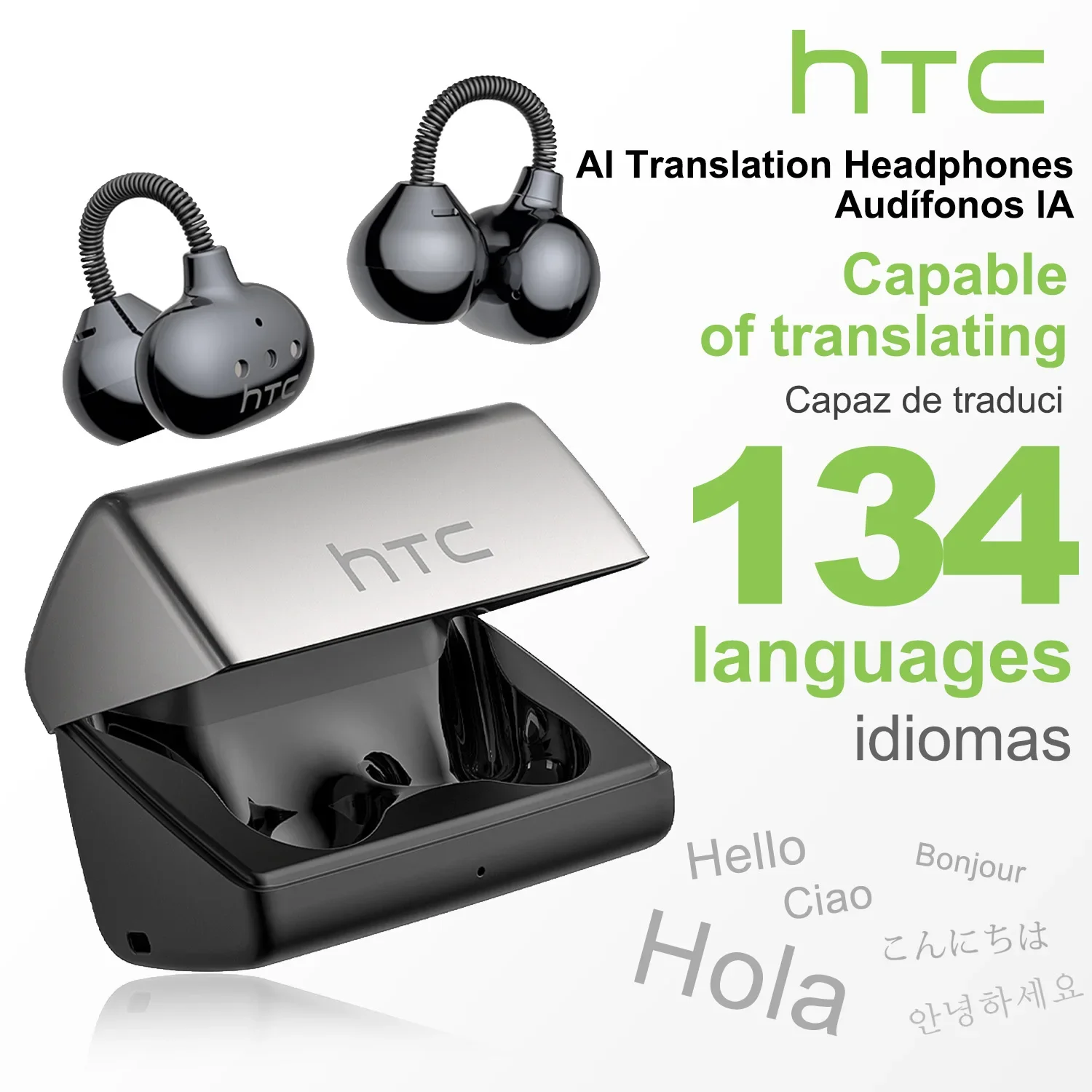 [سماعات أذن مترجم AI] سماعات أذن HTC NE67 Bluetooth V6.0 سماعات رأس لاسلكية محمولة مشبك أذن مريح مع سلسلة معلقة