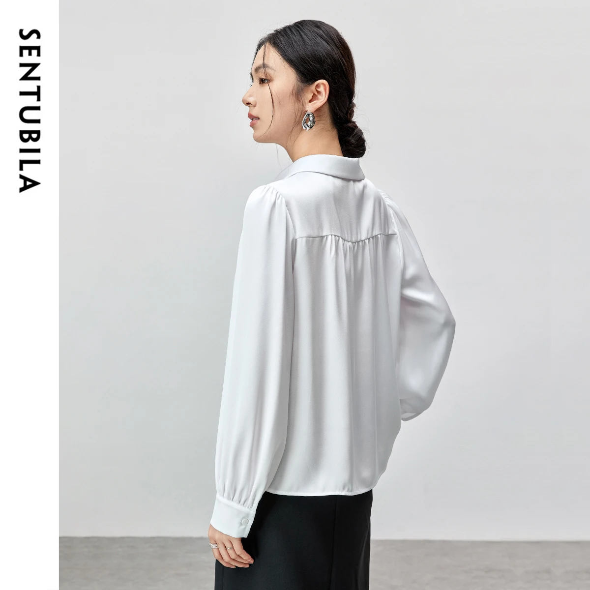 Sentumana-女性用サテンシャツ,エレガントなブラウス,十分な襟,プリーツ,長袖,オフィスウーマン,シック,春,秋,2020,143c55794