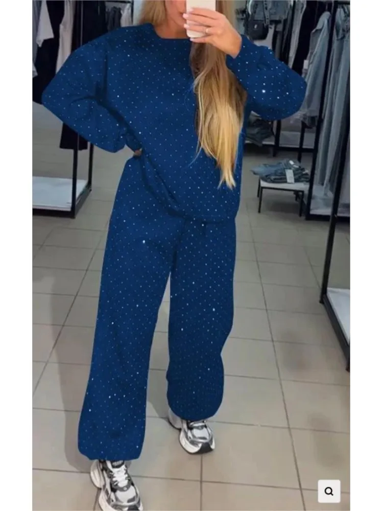 Fall Winter Rhinestone Shiny Loose Fit Set Women O Neck Sweatshirt Pullover Tie-up Pants Tracksuit Retro Loose Sport 2 Pice Set