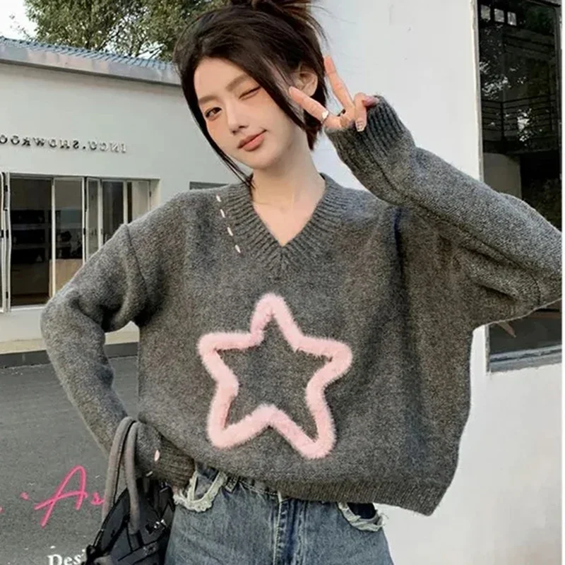 American Vintage Streetwear Crop Knit Sweater V Neck Jumpers Harajuku 3D Star Print Casual Women Hottie Long Sleeve Pullovers
