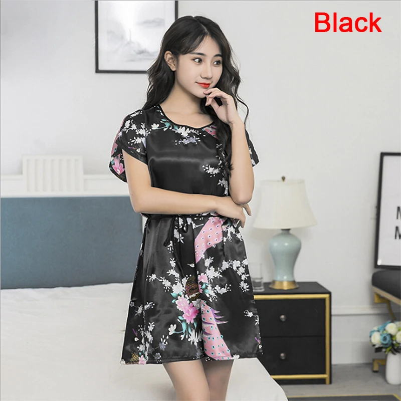 Women Short Sleeve Satin Sleepwear Silk Nightgown Nightdress Women Night Dress Ladies Fuax Silk Robes Nightwear