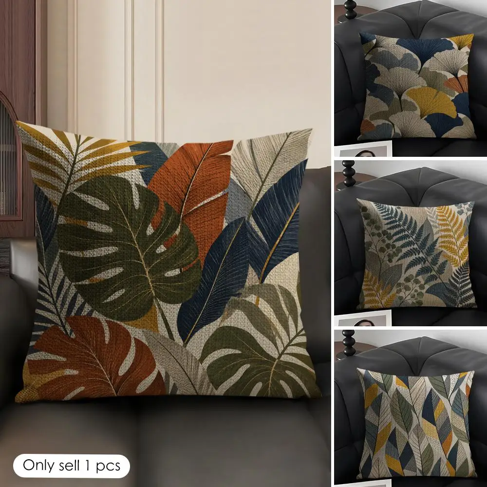 Stitch Textured Boho Botanical Leaf Cushion Cover Skin-Friendly Organic Linen Pillow Cover Durable Hypoallergenic Washable Soft