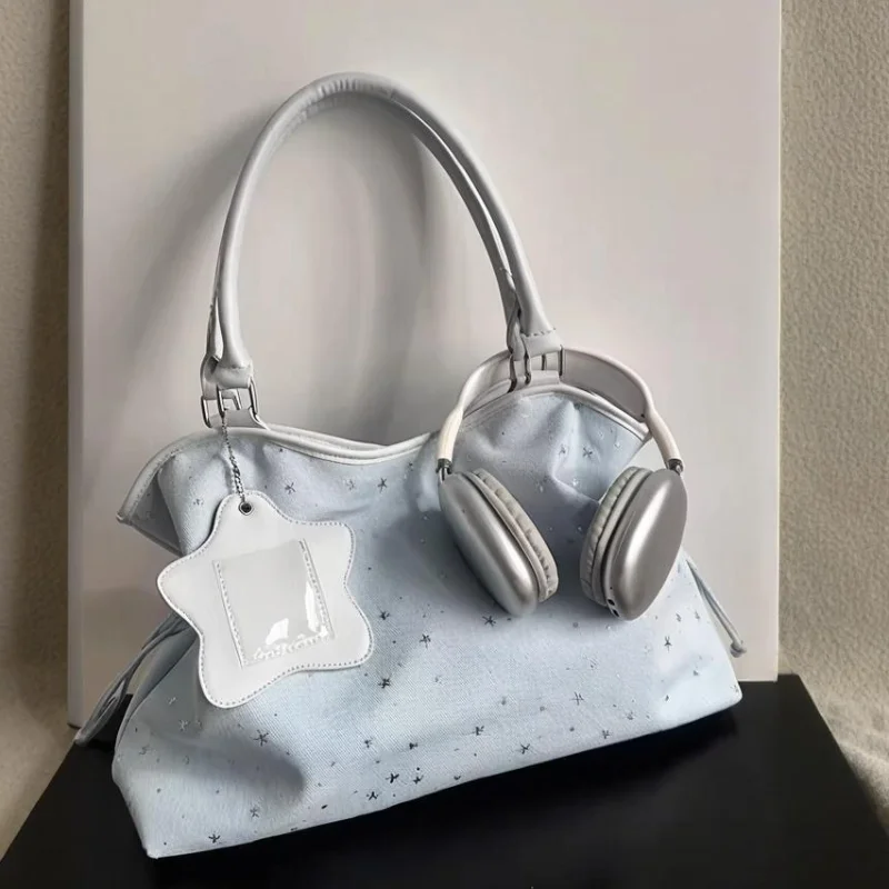 Star-print Polka Dot Tote Bag Harajuku Sweet Women's Letter Embroidery Large Capacity Shoulder Bag Blue Underarm Bag Handbag view 4