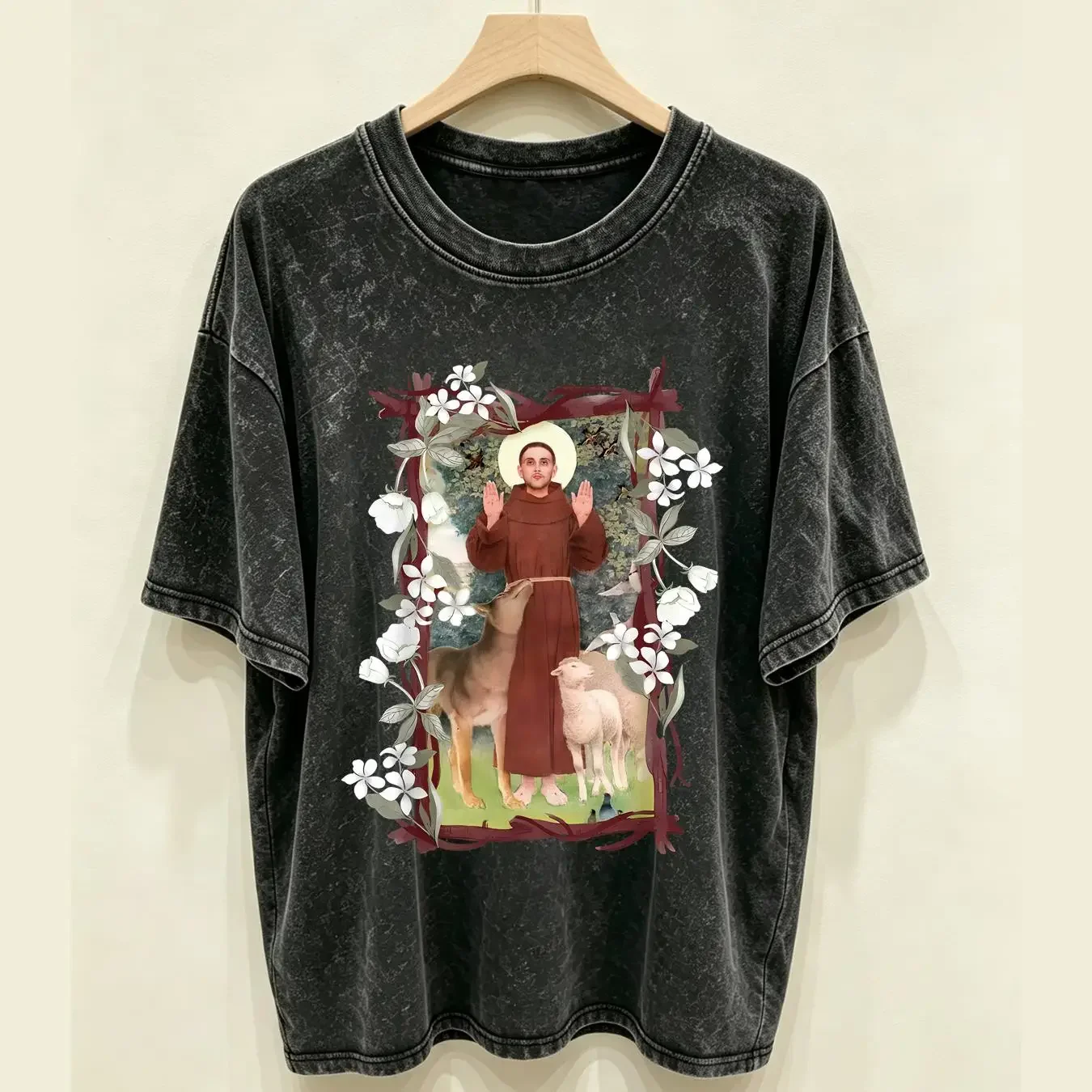 washed T Shirt St Francis of Assisi Patron Animals Floral Catholic Saint long or short sleeves vintage Washed Stylish homme