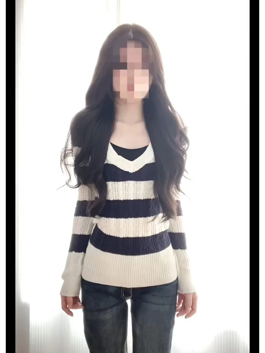 Spicy Girl Color Block V-Neck Striped Knitwear Women's Autumn Lazy Waist-Cinching Slimming Single Wear Korean Style Sweater