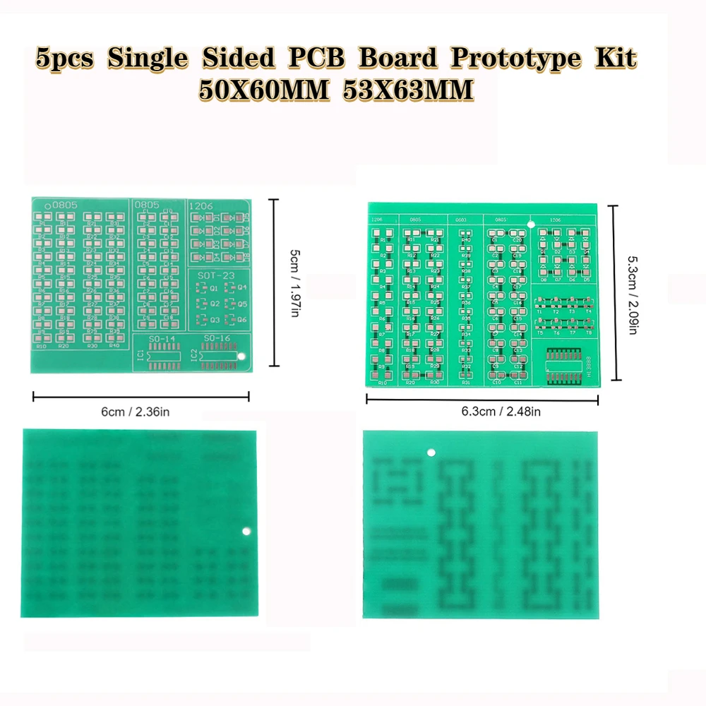 5pcs Single Sided PCB Board Prototype Kit, 50X60MM 53X63MM, 0805, 1206, SOT23 SMD Electronic Components set for DIY projects