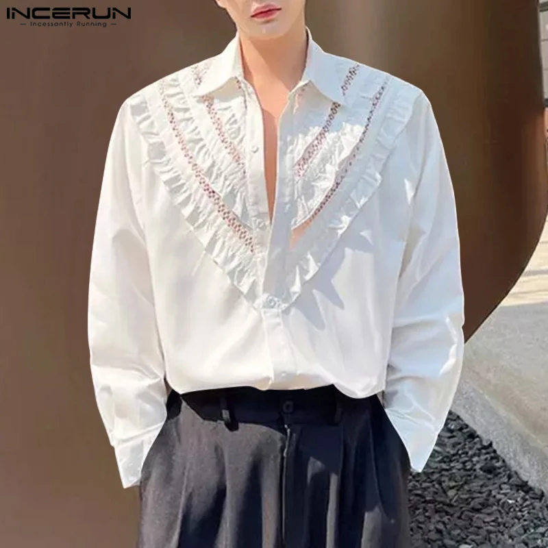 INCERUN All-match Long Sleeved Blouse Tops Korean Style Fashion Men's Spliced Ruffled Edge Hollowed Design Shirt Casual Clubwear