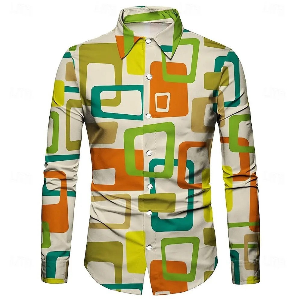 Chemise à manches longues pour hommes, forme géométrique irrégulière 3D imprimée, tissu polyester pe